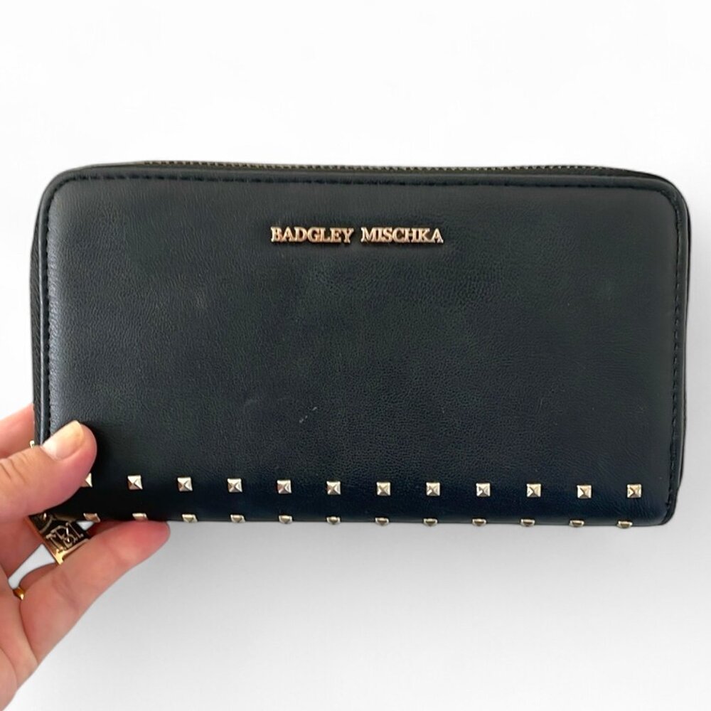 Badgley Mischka Black Soft Vegan Leather Wallet With Gold Studs & Logo Zipper